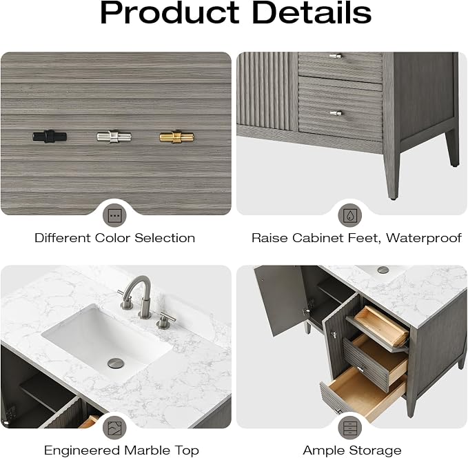 Vanity Art 42 inch Bathroom Vanity with Single Sink & Ceramic Top, Vanity Cabinet with Soft-Closing Door, Solid Wood Frame, Linear Pattern, Driftwood Gray, Golden Brushed Handware VA9142-DG-GB