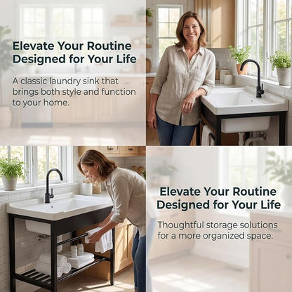 Freestanding Laundry Utility Sink with Washboard | 19" x 28.3" x 32.3" Ceramic Utility Sink with Bracket and Drain Kit for Laundry Room, Utility Room, Garage, Outdoor / Indoor