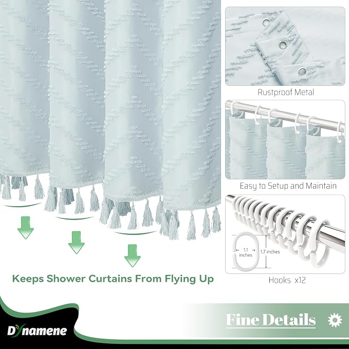 Extra Long Boho Shower Curtain Tufted Chevron 72"x84" Fog Blue | 84 Inch Tall, Elegant Tassel, Lightweight Textured Fabric, Water Repellent, Washable, Hotel Spa, for Bathroom/Dorm 12 Hooks