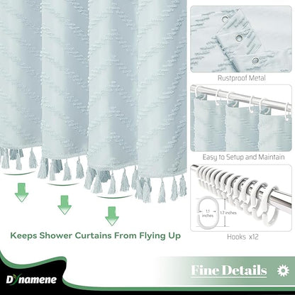 Extra Long Boho Shower Curtain Tufted Chevron 72"x96" Fog Blue | 96 Inch Tall, Elegant Tassel, Lightweight Textured Fabric, Water Repellent, Washable, Hotel Spa, for Bathroom/Dorm 12 Hooks