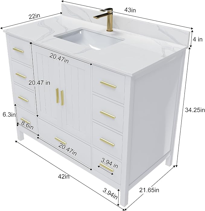 42 Inch Bathroom Vanity with Sink&Countertop,Carrara White Quartz Vanity Top with Sink&Backsplash,White Bathroom Cabinet Set with 2 Doors and 9 Drawer(Single Hole)