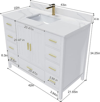 42 Inch Bathroom Vanity with Sink&Countertop,Carrara White Quartz Vanity Top with Sink&Backsplash,White Bathroom Cabinet Set with 2 Doors and 9 Drawer(Single Hole)