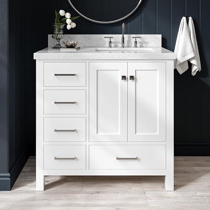 ARIEL Cambridge 36-inch Bathroom Vanity with Sink,Solid Wood, 1.5-inch Italian Carrara Marble Countertop, Single Rectangular Porcelain Sink, 2 Soft Closing Doors, 5 Dovetail Drawers, White