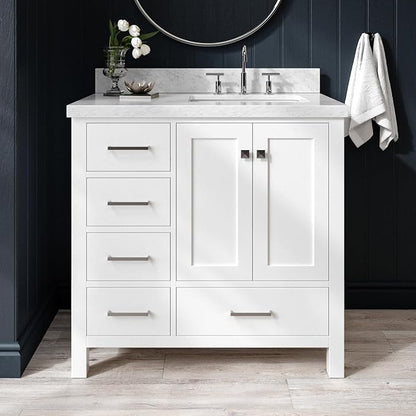 ARIEL Cambridge 36-inch Bathroom Vanity with Sink,Solid Wood, 1.5-inch Italian Carrara Marble Countertop, Single Rectangular Porcelain Sink, 2 Soft Closing Doors, 5 Dovetail Drawers, White