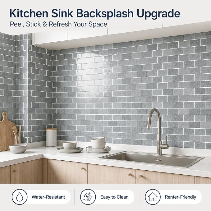 Peel and Stick Backsplash for Kitchen, Grey | 10 pack self‑adhesive tiles for backsplash, bathroom, or accent wall. Easy DIY install and wipeable. Covers approx. 10 sq ft.