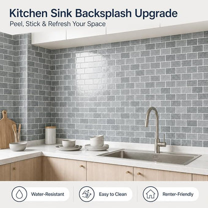 Peel and Stick Backsplash for Kitchen, Grey | 10 pack self‑adhesive tiles for backsplash, bathroom, or accent wall. Easy DIY install and wipeable. Covers approx. 10 sq ft.