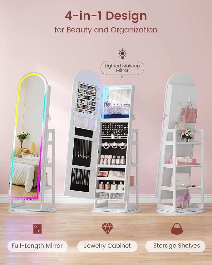 HWB Mirror Jewelry Cabinet Standing with RGB Lights & Storage Shelves | Mirror w/Storage, LED Full-length Mirror, Lockable Jewelry Armoire, 360° Swivel, Standing Jewelry Cabinet, Girls Women Gifts