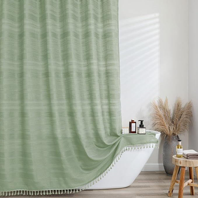 Extra Long Boho Shower Curtain 84 Inch Long, Modern Farmhouse Heavy Duty Linen Textured Soft Fabric, Rustic Country Cloth Shower Curtain with Tassel for Bathroom Hotel, 72Wx84L, Light Green