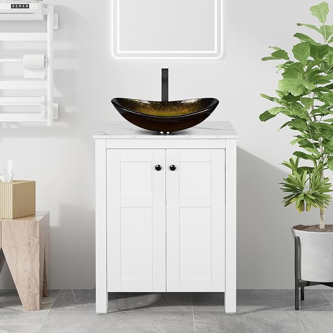 24 Inch White Bathroom Vanity with Marble Texture Top, Traditional Standing Pedestal Cabinet with Gold Boat Glass Sink