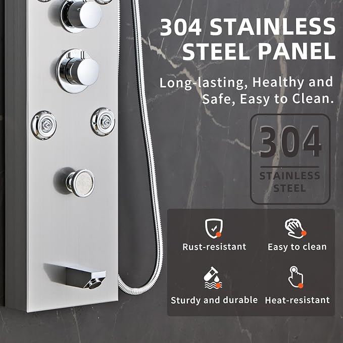 LED 5-in-1 Shower Panel Tower System,Brushed Grey | 304 Stainless Steel Shower Panel Tower Column with Powerful Body Jets, Rainfall, Waterfall,Handheld and Tub Spout