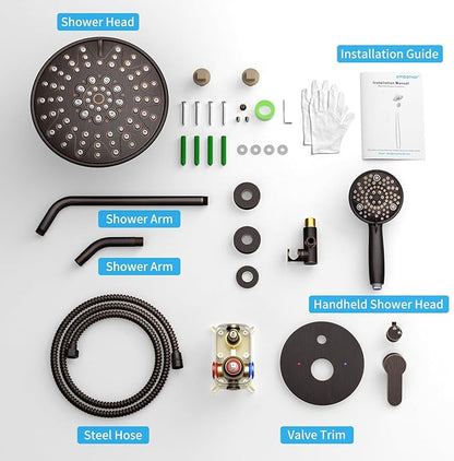 EMBATHER Shower Faucets Sets Complete with 3 Setting High Pressure Shower Head, Bathroom Wall Mounted Rainfall Shower Fixtures with 8-Mode Handheld Spray, Oil Rubbed Bronze