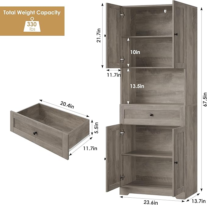 HIFIT Tall Bathroom Storage Cabinet with Drawer, Modern Linen Cabinet,Brown | 67"H Tall Storage Cabinet with Doors & Shelves, Freestanding Kitchen Pantry for Bathroom, Dining Room, Laundry, Narrow Corner