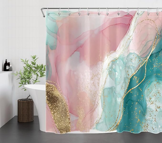 HVEST Pink Marble Shower Curtain for Bathroom,Turquoise Marble Luxury Shower Curtain with Hooks,Modern White and Gold Abstract Bathroom Shower Curtain Set Bathroom Decor,72L X 72W inches