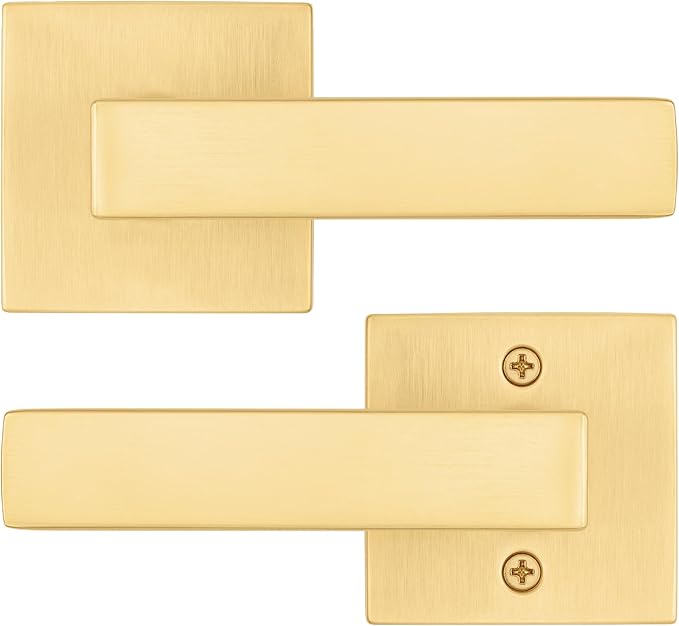 Kwikset Singapore Interior Passage Door Handle, Lever for Closet and Hallway Doors, Reversible Non-Locking Handle Lever, Satin Brass, with Microban Protection (Pack of 4)