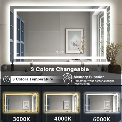 EchosLife 55"x30" LED Bathroom Mirrors for Wall | Backlit + Front Lit, Anti-Fog, Stepless Dimmable, 3 Colors, Memory, Tempered Glass, UL Listed, Horizontal/Vertical