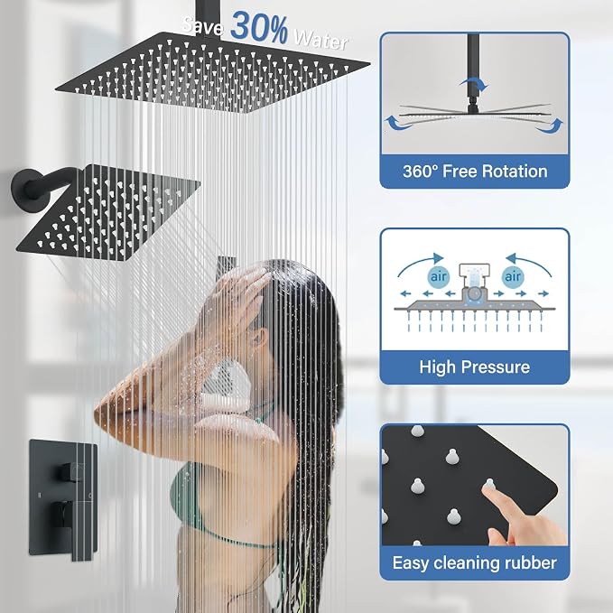 Shower Faucet Matte Black Shower System with 12" Celing+6" Wall Dual Rain Shower Head with Handheld Spray,Bathroom Luxury Brass Shower Valve with Shower Diverter Kit Shower Faucet Set Complete