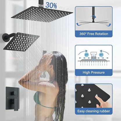 Shower Faucet Matte Black Shower System with 12" Celing+6" Wall Dual Rain Shower Head with Handheld Spray,Bathroom Luxury Brass Shower Valve with Shower Diverter Kit Shower Faucet Set Complete