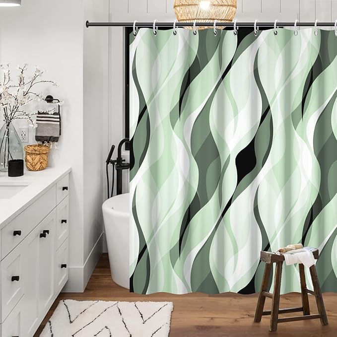 Green Shower Curtain, Modern Abstract Ombre Green Striped Shower Curtain Set for Bathroom Waterproof Polyester Shower Curtain with Hooks, 72x96 Inch