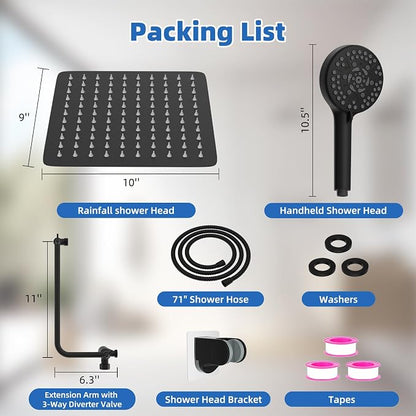 10" Metal Rainfall Shower Head with 10-Mode Handheld, Matte Black | NSF/ANSI/CAN 372 Certified, High Pressure Showerhead Combo with 11" Adjustable Shower Arm, 71" Hose, Shower Head Holder