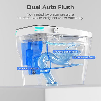 Smart Toilet with Bidet Built In ADA Height 17.7", One Piece Tankless Bidet Toilet with Auto Open Close, Foam Shield, Voice Control Modern Elongated Toilet with Heated Seat, Warm Water & Dryer