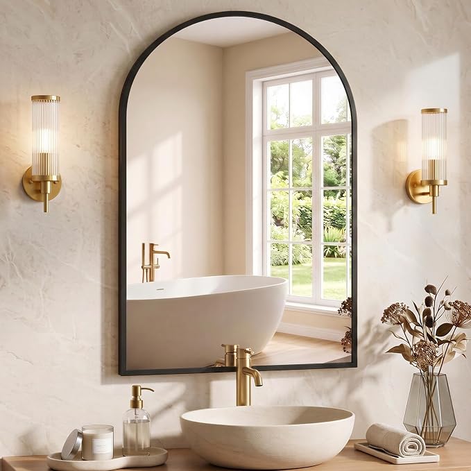 NEWBULIG 26"X38" Arched Bathroom Mirror for Over Sink, Wall Vanity Mirror | Tempered Glass, Anti-Rust Arched Metal Framed, Hanging or Leaning, Farmhouse Home Decor, Black