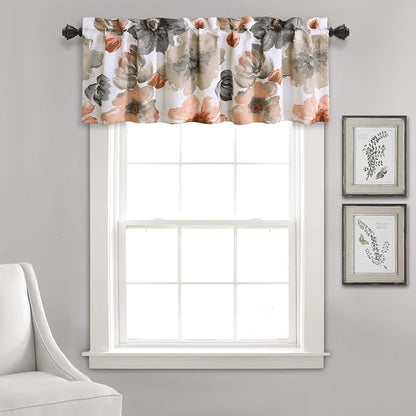 Lush Decor Leah Floral Light Filtering Valance, 52" W x 18" L, Coral & Gray - Valances for Windows - Parisian Decor - Farmhouse Kitchen Curtains Valance