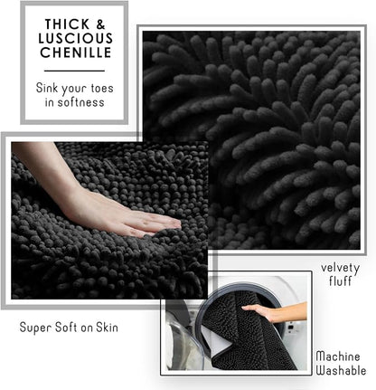 Hearth & Harbor Bathroom Rugs, Chenille Bath Mat - Machine Washable Bath Mats for Bathroom Non-Slip Backing Rubber, Quick Dry Mat - Black Bath Rug, 17x24-26x44-20x24
