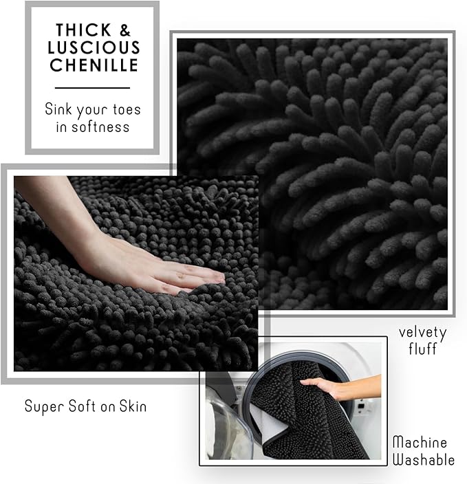Hearth & Harbor Bathroom Rugs, Chenille Bath Mat - Machine Washable Bath Mats for Bathroom Non-Slip Backing Rubber, Quick Dry Bathroom Mat - Black 24x36