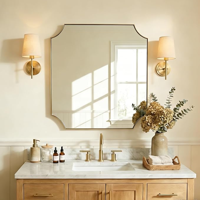 30"x30" Gold Vanity Mirror, Square Bathroom Mirror, Antique Brushed Brass Scalloped Mirror in Rust-Proof Stainless Steel Frame, Unique Scalloped Corner Design Ideal for Bathroom Remodel