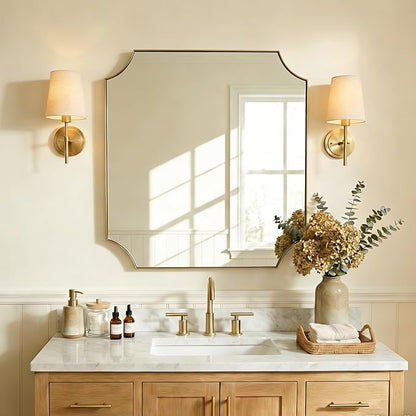 30"x30" Gold Vanity Mirror, Square Bathroom Mirror, Antique Brushed Brass Scalloped Mirror in Rust-Proof Stainless Steel Frame, Unique Scalloped Corner Design Ideal for Bathroom Remodel