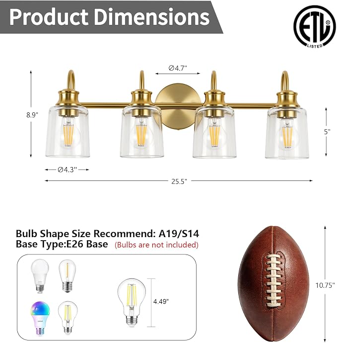 4 Lights Bathroom Light Fixtures Modern Gold Vanity Lights | ETL Certificate, Easy to Install,Wall Mount Up or Down,Thickened Glass Lampshade,E26 Socket,Hardwired