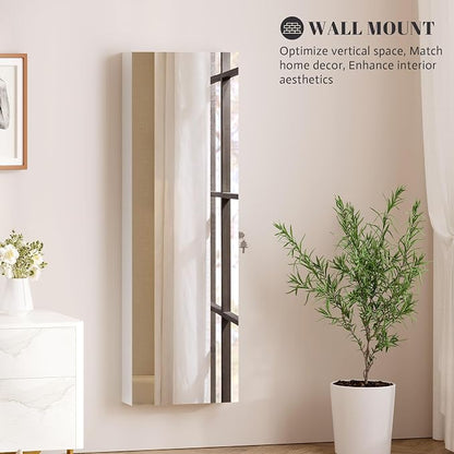 Vlsrka 47.2" LED Jewelry Cabinet, Wall Mounted Jewelry Mirror Organizer | Over the Door Hanging Jewelry Armoire Organizer, large Lockable Full Length Mirror with Jewelry Storage for Women, White