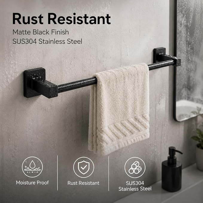 Matte Black Bathroom Hardware Set 4 Pieces,Bathroom Accessories Set Stainless Steel Wall Mounted, Hand Towel Bar, Towel Ring, Robe Towel Hooks,Toilet Paper Holder,Towel Bar Set, 23.6 Inch