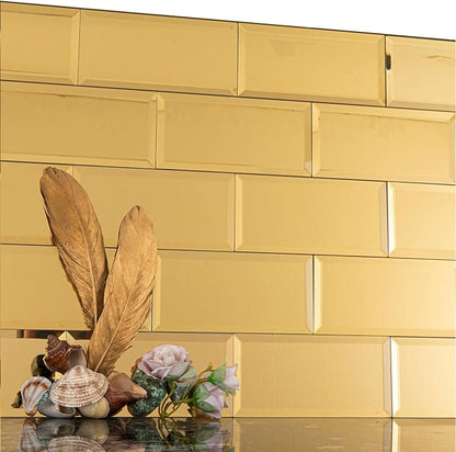 Peel and Stick 3x6 Inch Beveled Gold Mirror Tile Subway Mirror Glass Backsplash for Kitchen Bathroom Wall (40 Pcs, 5 SQ.FT.)