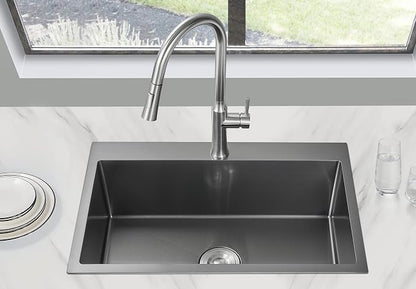 28x18 Inch Drop in Kitchen Sink Single Hole 304 Stainless Steel | Topmount Single Bowl Sink with Black Finish, Large Basin for Family Kitchen, Bar and Prep Area