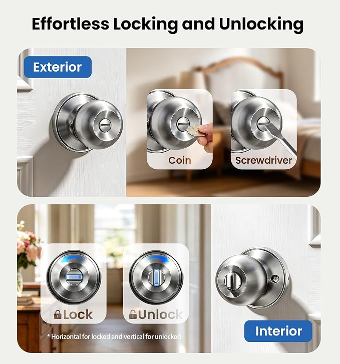 Veise Privacy Interior Door Knobs for Bedroom & Bathroom, Brushed Nickel | ANSI Grade 3, Keyless, Easy Installation, Thumb Lock Emergency Release, Rust & Fingerprint-proof, Reversible,Classic
