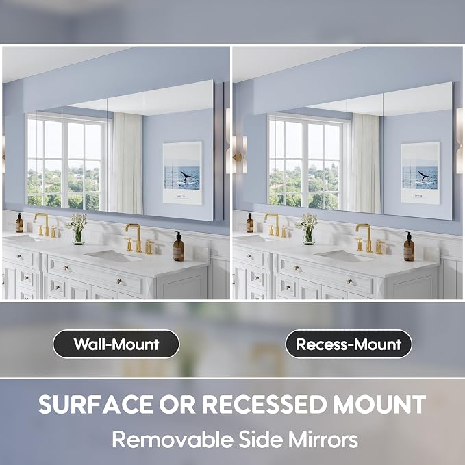 104" x 36" Bathroom Medicine Cabinet with Mirror, Anodized Chrome Aluminum Frame, Surface Mount or Recessed Medicine Cabinet with Mirror, Bathroom Mirror with Storage, Five Doors