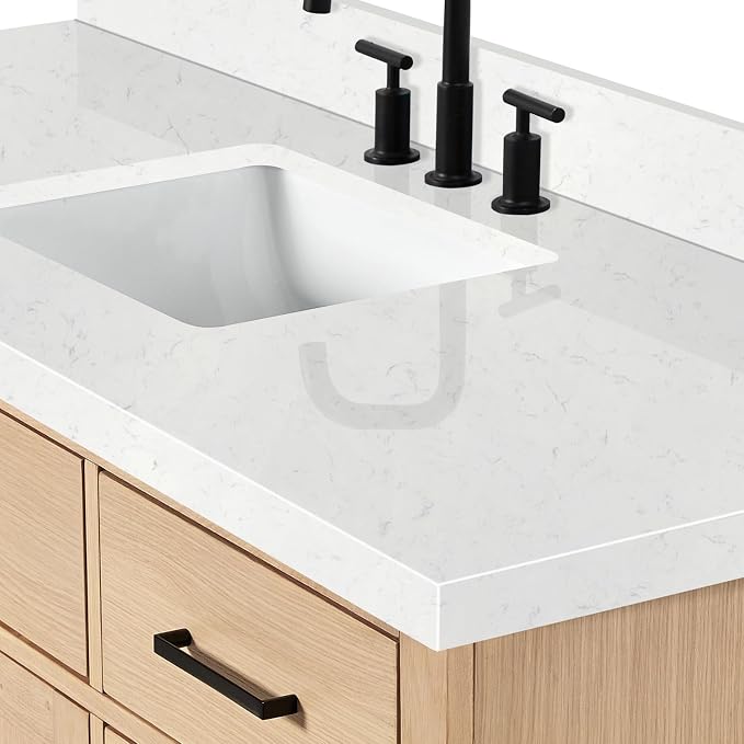 ARIEL Hepburn 60-inch Bathroom Vanity with Sink,Solid Wood, 1.5-inch Pure White Quartz Countertop, Single Rectangular Porcelain Sink, 2 Soft Closing Doors, 9 Dovetail Drawers, White Oak