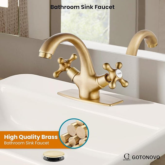 gotonovo Bathroom Sink Faucet Single Hole Double Cross Handle Knobs Lavatory Vessel Sink Mixer Tap Bathroom Faucet with Pop up Drain and Deck Cover Plate Antique Brass