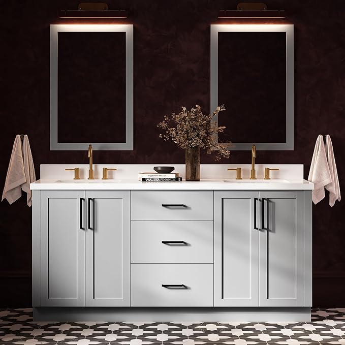 ARIEL Loren 72-inch Bathroom Vanity with Sink,Solid Wood, 1.5-inch Pure White Quartz Countertop, Double Rectangular Porcelain Sink, 4 Soft Closing Doors, 3 Dovetail Drawers, Grey