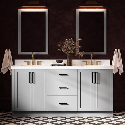ARIEL Loren 72-inch Bathroom Vanity with Sink,Solid Wood, 1.5-inch Pure White Quartz Countertop, Double Rectangular Porcelain Sink, 4 Soft Closing Doors, 3 Dovetail Drawers, Grey