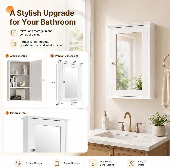 Bonnlo White Mirrored Medicine Cabinet - Wall Mounted Bathroom Storage Organizer with Single Door, 2 Adjustable Shelves & Magnetic Lock, Small Vanity Cabinet for Over the Toilet/Sink