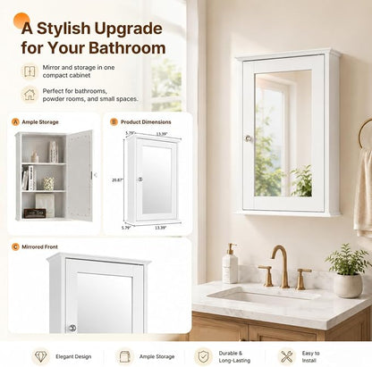 Bonnlo White Mirrored Medicine Cabinet - Wall Mounted Bathroom Storage Organizer with Single Door, 2 Adjustable Shelves & Magnetic Lock, Small Vanity Cabinet for Over the Toilet/Sink