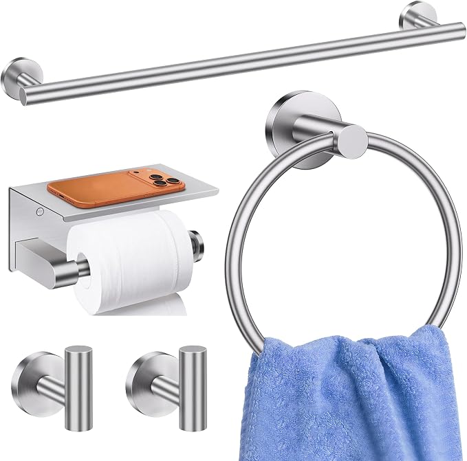 5 Pieces Bathroom Hardware Accessories Set Brushed Nickel, 24Inch Round Towel Racks Set for Bathroom, SUS304 Stainless Steel Towel Bar Set,Toilet Paper Holder with Shelf Wall Mounted