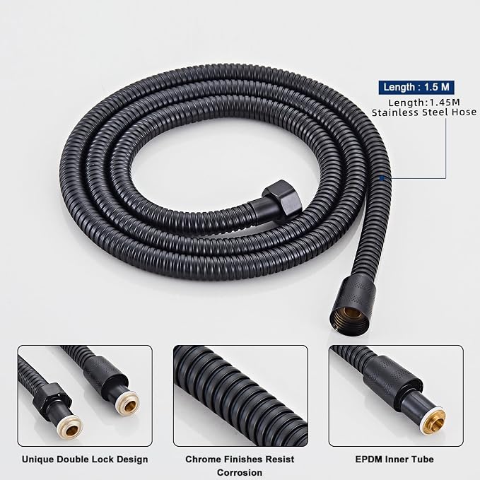Handheld Shower Head，High Pressure Black Shower Head,Water Saving Detachable Shower Wand with Solid Brass Body and 5 ft Flexible Hose, Easy to Clean and Durable