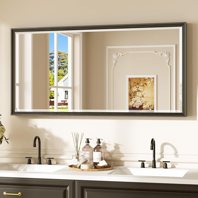 Keonjinn 48" x 24" Black Framed Mirror for Over Sink, Safe Tempered Glass | Aluminum Alloy, Effortless French Cleat Installation, Vertical/Horizontal, Rectangle Wall Mirror for Bathroom, Hallway Decor