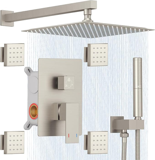 Hoimpro 12 Inch Rainfall Shower Faucet with 4 Full Body Shower Jet Fixtures Combo, Wall Mounted Shower System Set with Rain Mixer Shower Head and 2 in 1 Spray Handheld Showerhead, Brushed Nickel