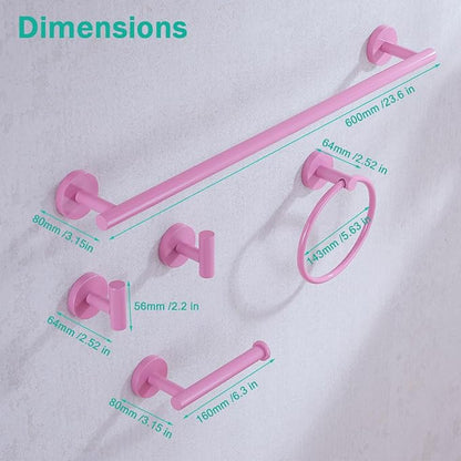 Pink Bathroom Hardware Set,5 Pieces Bathroom Towel Bar Set,24 inch Towel Bar,Towel Ring for Bathroom,Robe Towel Hooks,Toilet Paper Holder Wall Mounted(Drilling),SE96006S-5PK