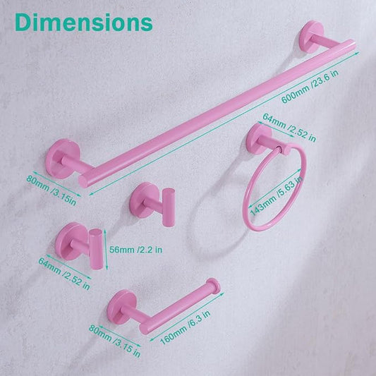Pink Bathroom Hardware Set,5 Pieces Bathroom Towel Bar Set,24 inch Towel Bar,Towel Ring for Bathroom,Robe Towel Hooks,Toilet Paper Holder Wall Mounted(Drilling),SE96006S-5PK
