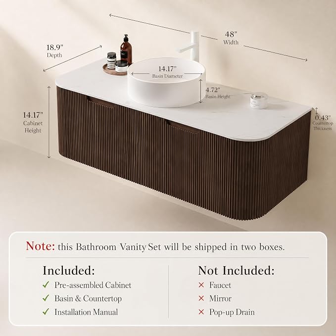 48 Inch Bathroom Vanity with Sink, Floating Wall Mounted Single Sink Vanity, Dark Walnut Curved Fluted Front, Stone Top, Pure White Round Vessel Basin, Pre-Assembled